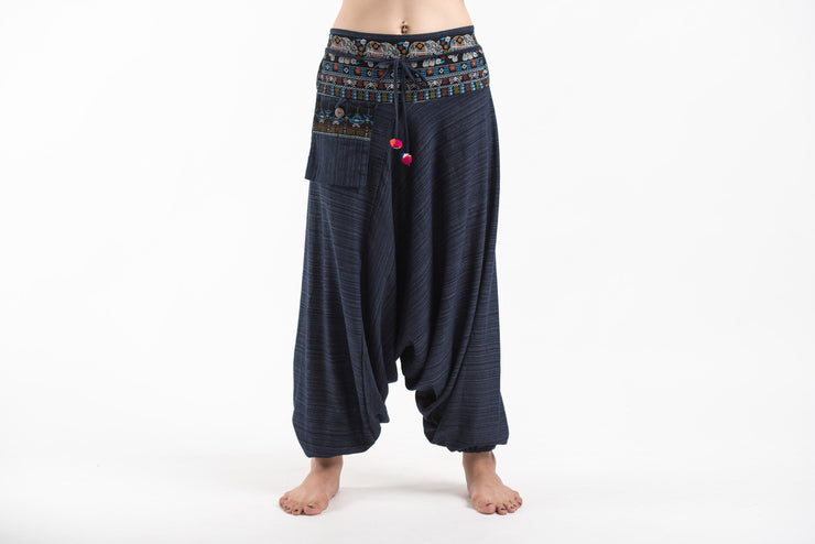 Pinstripe Cotton Low Cut Women's Harem Pants with Elephant Trim in Navy