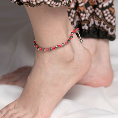 Hand Made Fair Trade Anklet Waxed Cotton Silver Beads Red