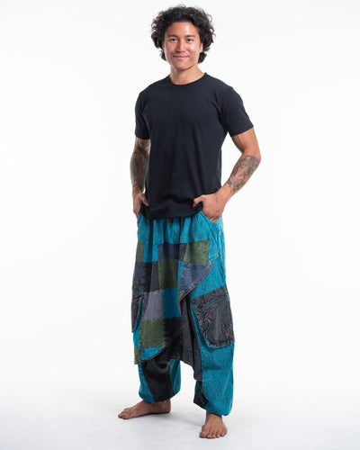 Men's Patchwork Stone Washed Low Cut Cotton Pants in Blue 02