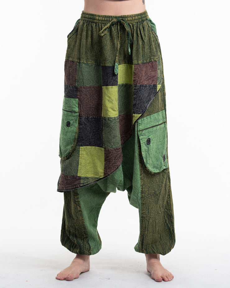 Women's Patchwork Stone Washed Low Cut Cotton Pants in Green 02