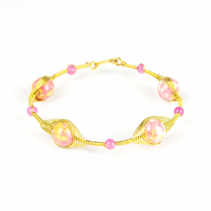 Wired Brass Bracelet with Pink Marble Beads