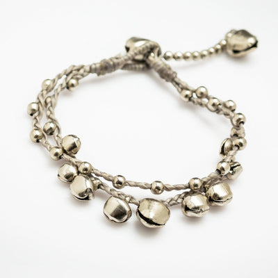 Silver Color Bell Waxed Cotton Bracelets in Gray