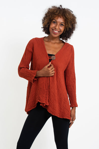 Women's Crinkled Hill Tribe Cotton Cardigan in Brick