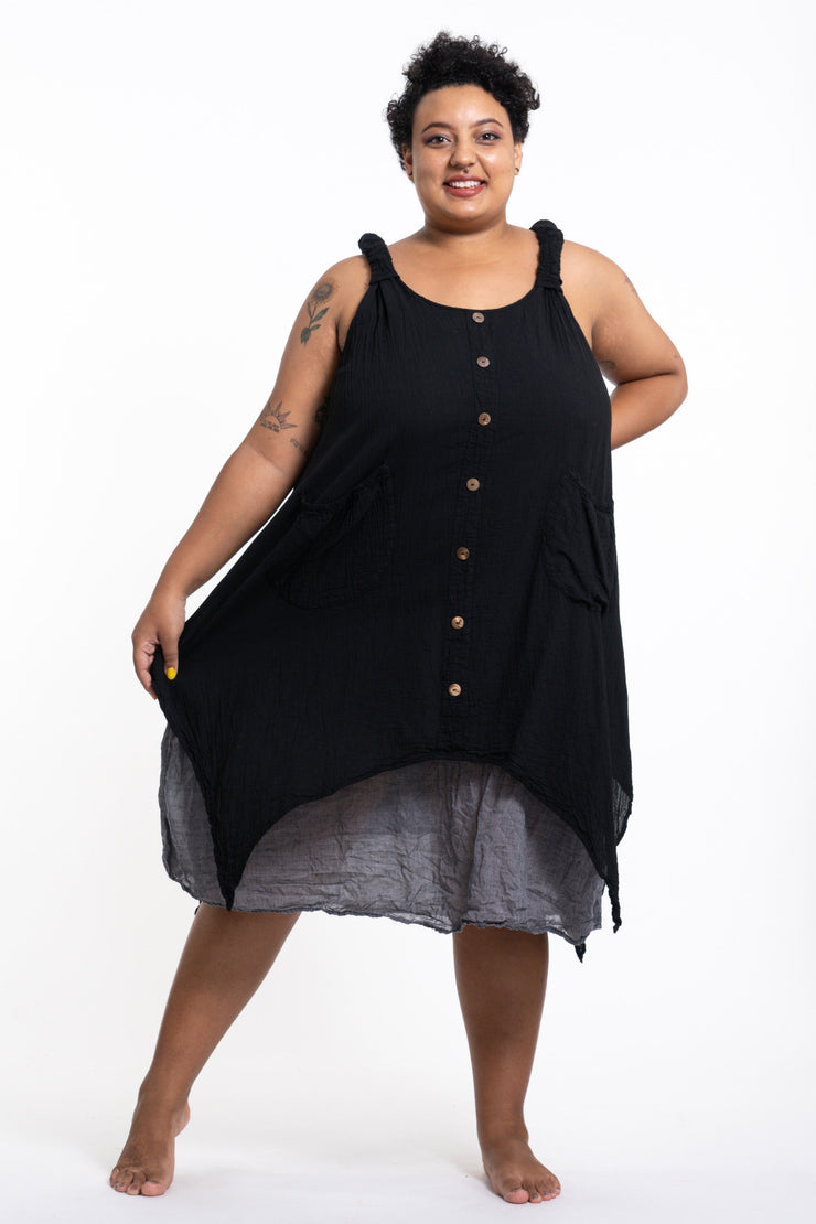 Plus Size Women's Crinkled Hill Tribe Cotton Tank Dress in Black