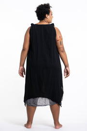 Plus Size Women's Crinkled Hill Tribe Cotton Tank Dress in Black