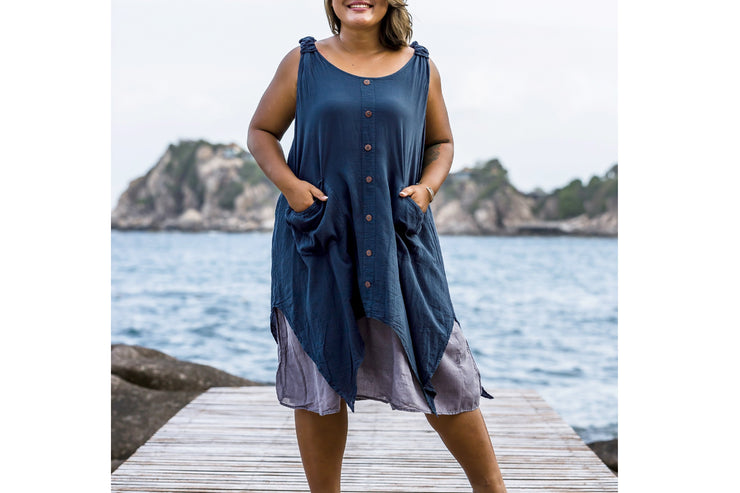 Plus Size Women's Crinkled Hill Tribe Cotton Tank Dress in Navy