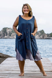 Plus Size Women's Crinkled Hill Tribe Cotton Tank Dress in Navy