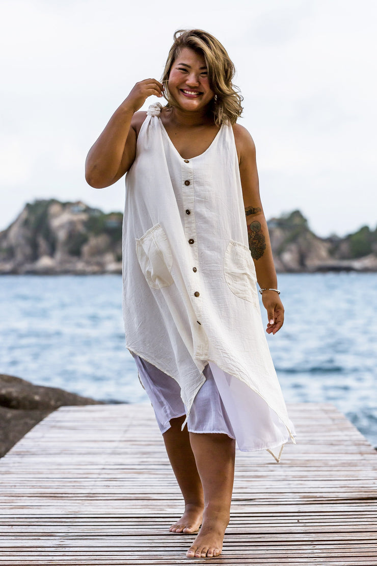 Plus Size Women's Crinkled Hill Tribe Cotton Tank Dress in Off White