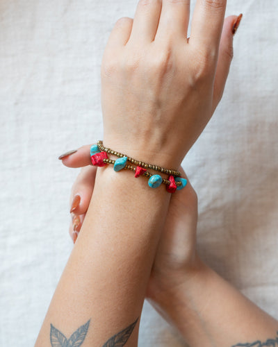 Brass Bead And Red/Turquoise Stone Double Strand Bracelets