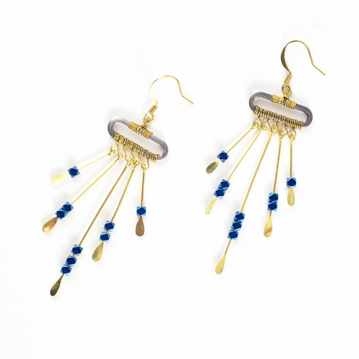 Blue Beads Bar Brass Earrings