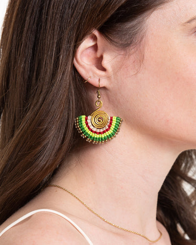 Fan Red Green Waxed String Spiral Brass Earrings