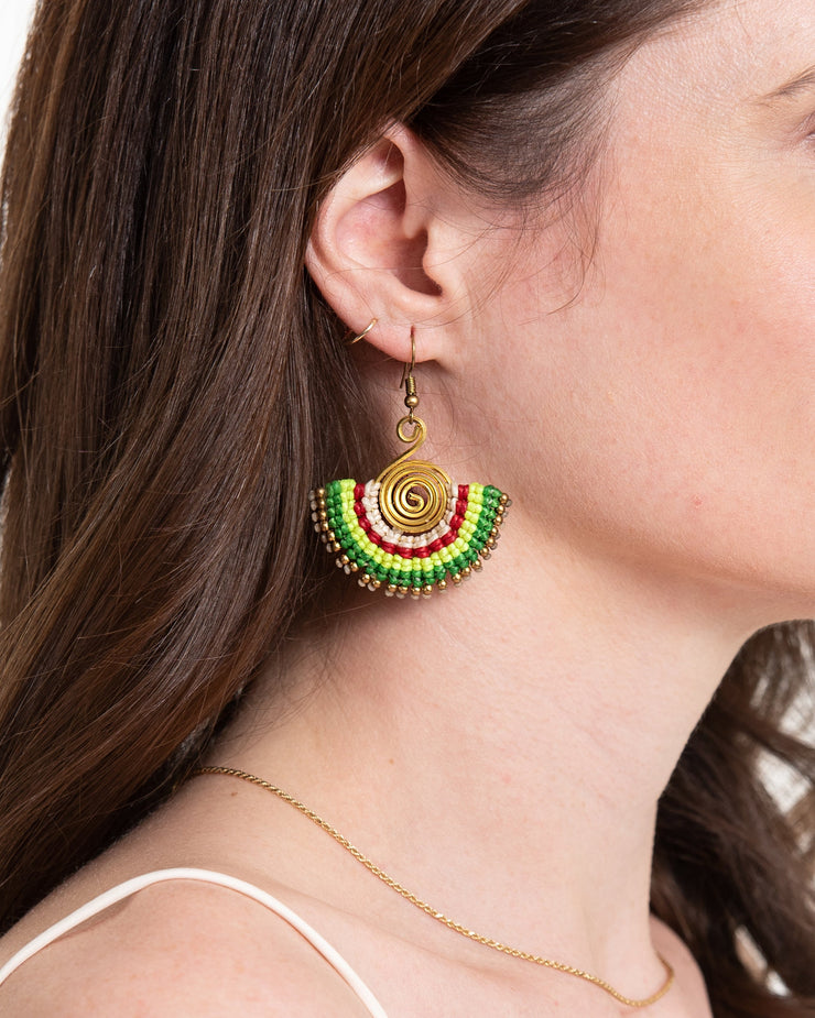 Fan Red Green Waxed String Spiral Brass Earrings