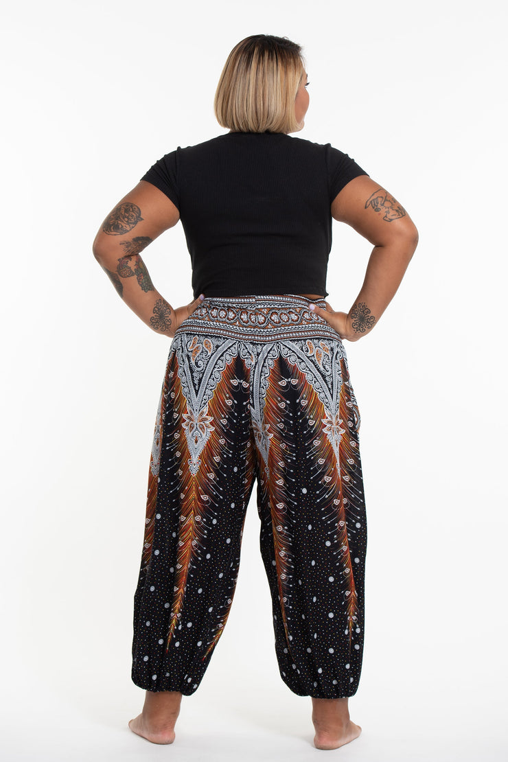 Plus Size Peacock Feathers Women's Harem Pants in Black