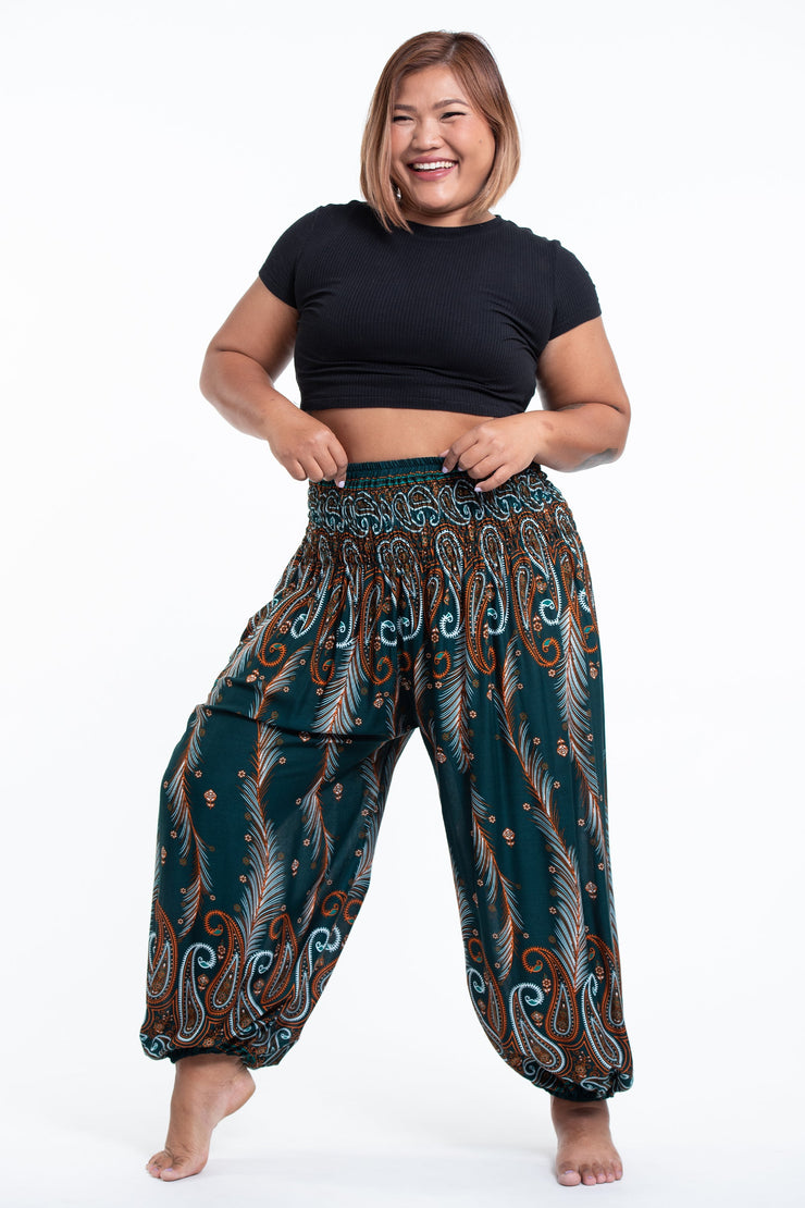 Plus Size Paisley Feathers Women's Harem Pants in Green