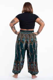 Plus Size Paisley Feathers Women's Harem Pants in Green