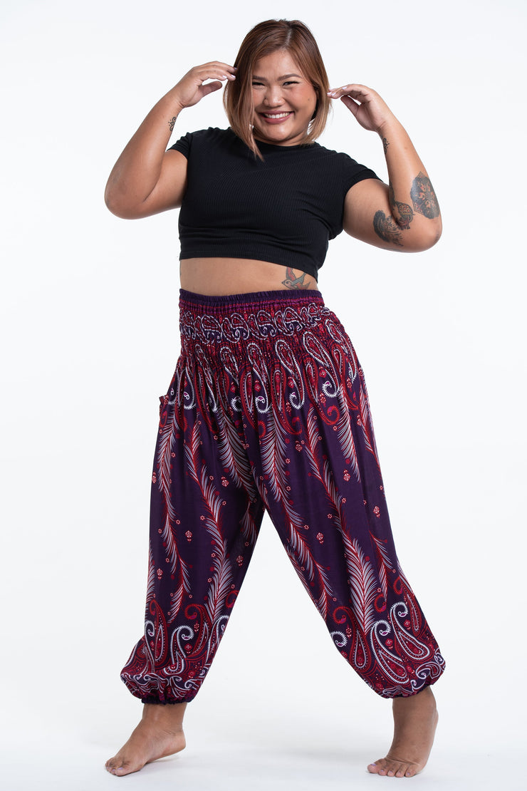 Plus Size Paisley Feathers Women's Harem Pants in Purple