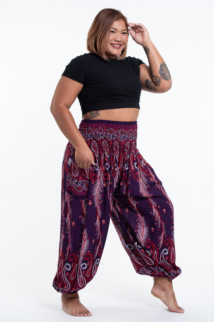 Plus Size Paisley Feathers Women's Harem Pants in Purple