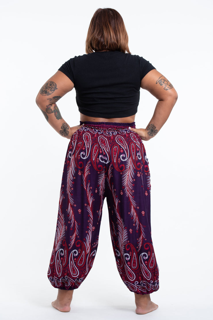 Plus Size Paisley Feathers Women's Harem Pants in Purple