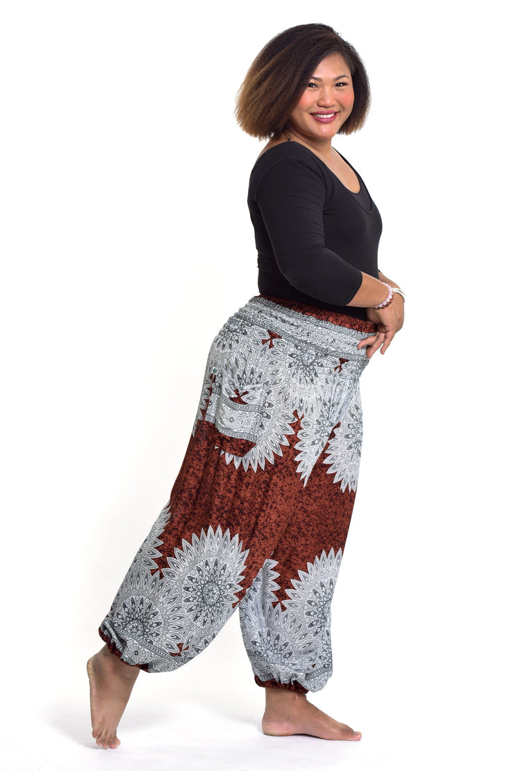 Plus Size Marble Mandalas Women's Harem Pants in Brown