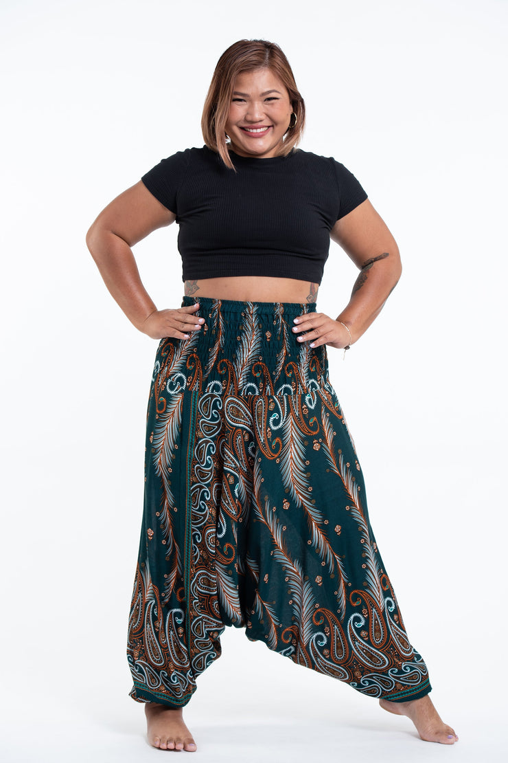 Plus Size Paisley Feathers 2-in-1 Jumpsuit Harem Pants in Green