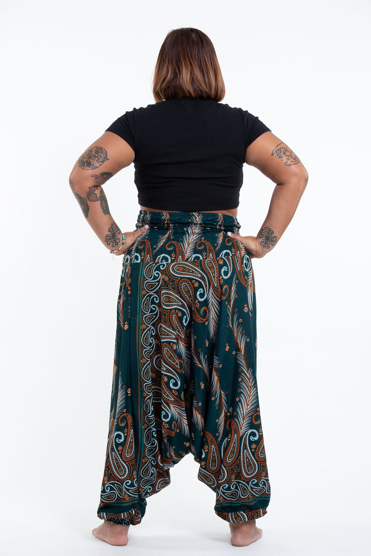 Plus Size Paisley Feathers 2-in-1 Jumpsuit Harem Pants in Green