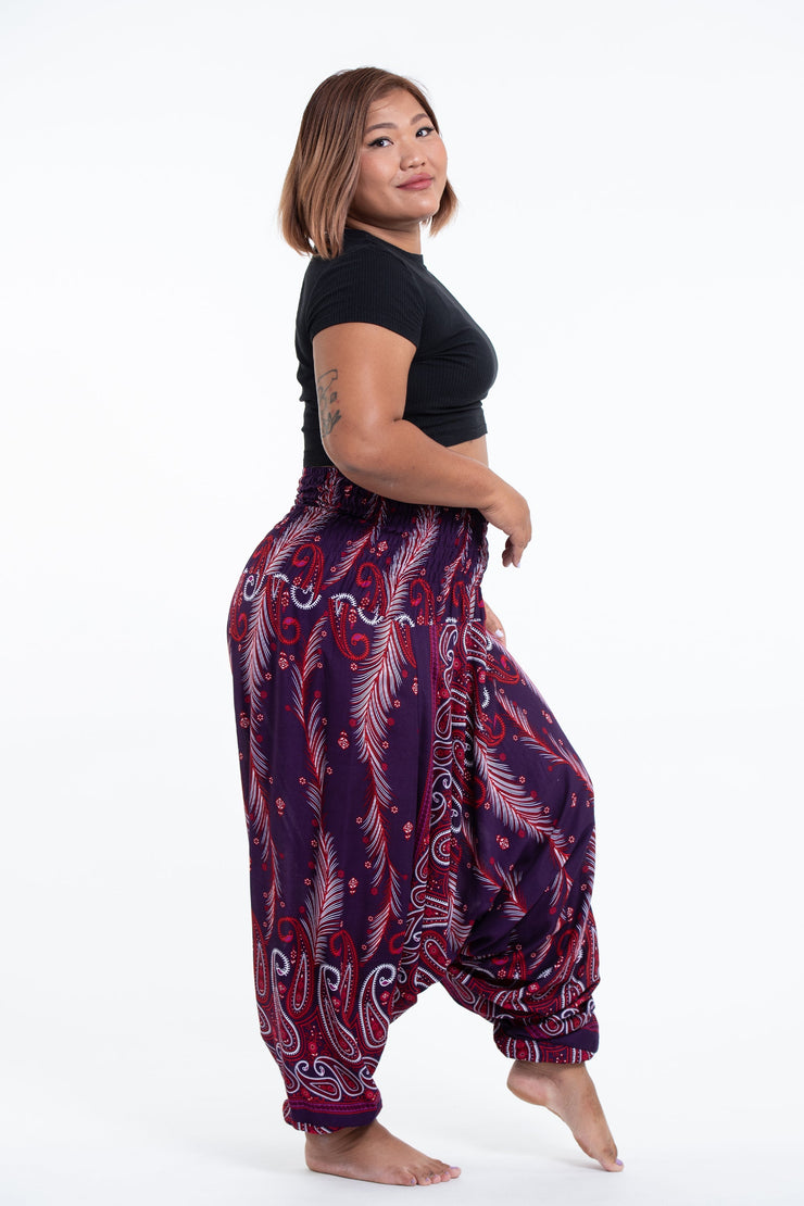 Plus Size Paisley Feathers 2-in-1 Jumpsuit Harem Pants in Purple