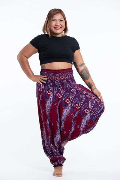 Plus Size Paisley Feathers 2-in-1 Jumpsuit Harem Pants in Red