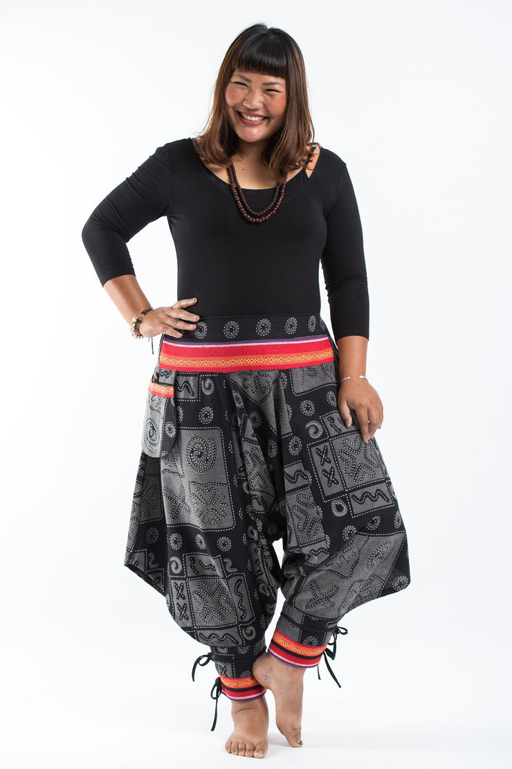 Plus Size Black and Gray Thai Hill Tribe Fabric Women Harem Pants with Ankle Straps