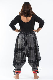 Plus Size Black and Gray Thai Hill Tribe Fabric Women Harem Pants with Ankle Straps