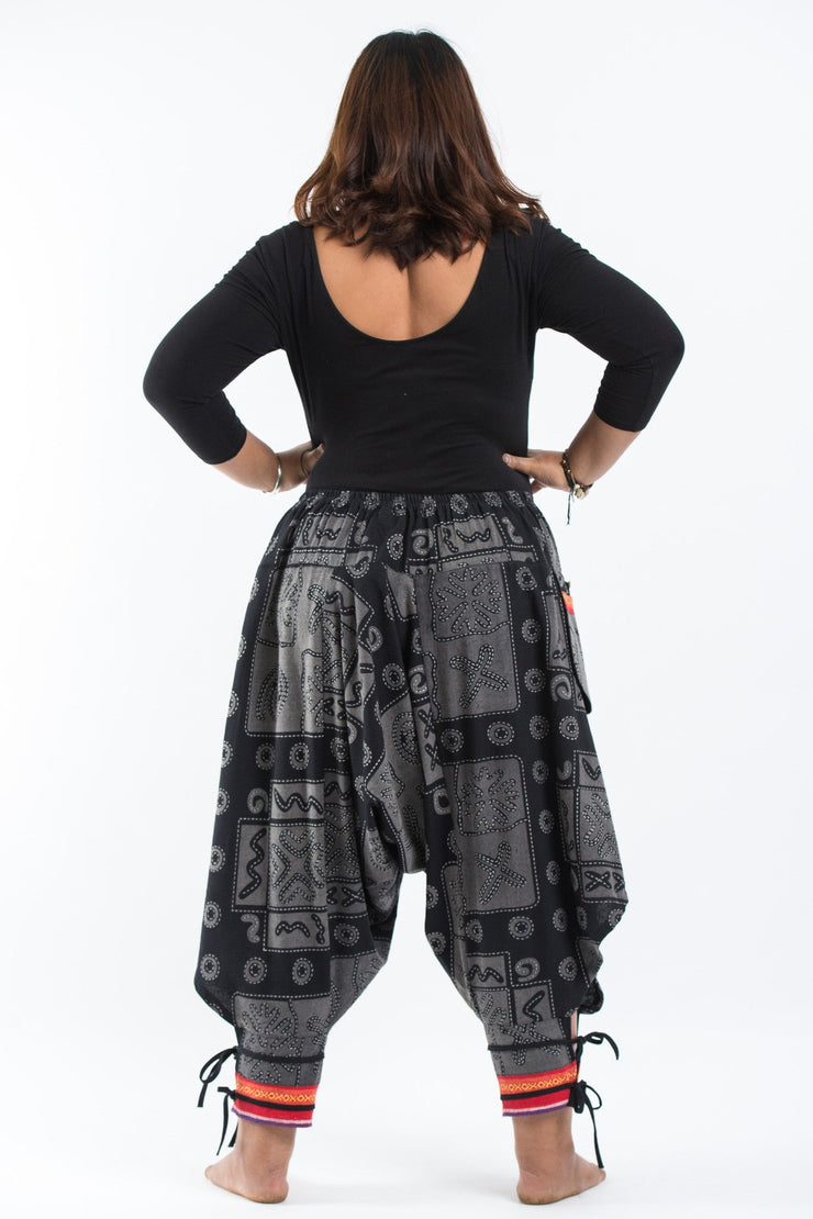 Plus Size Black and Gray Thai Hill Tribe Fabric Women Harem Pants with Ankle Straps