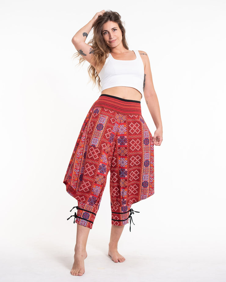 Clovers Thai Hill Tribe Fabric Women's Harem Pants with Ankle Straps in Bright Red