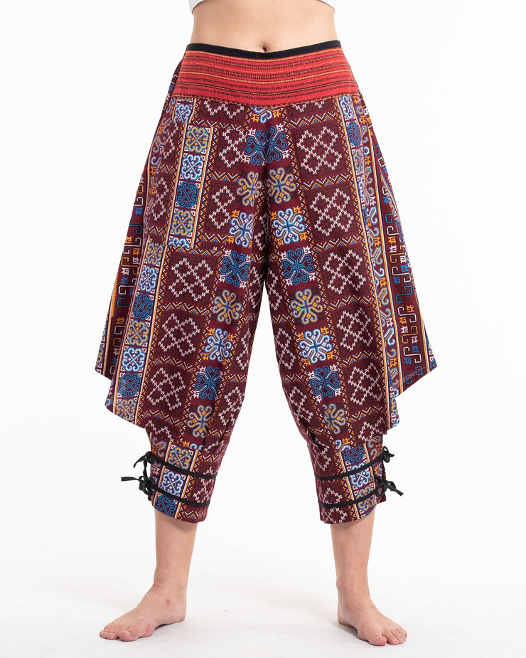 Clovers Thai Hill Tribe Fabric Women's Harem Pants with Ankle Straps in Burgundy