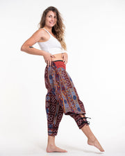 Clovers Thai Hill Tribe Fabric Women's Harem Pants with Ankle Straps in Burgundy