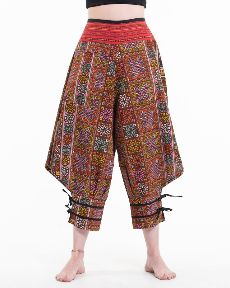 Clovers Thai Hill Tribe Fabric Women's Harem Pants with Ankle Straps in Light Brown