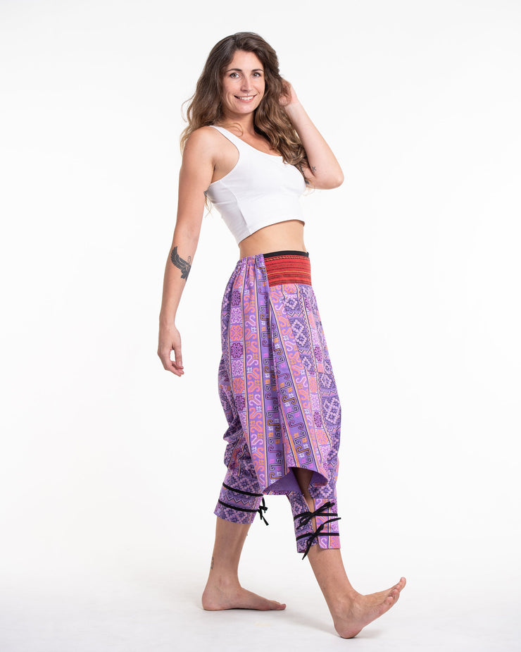 Clovers Thai Hill Tribe Fabric Women's Harem Pants with Ankle Straps in Light Purple