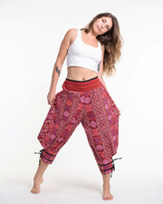 Clovers Thai Hill Tribe Fabric Women's Harem Pants with Ankle Straps in Pink Red