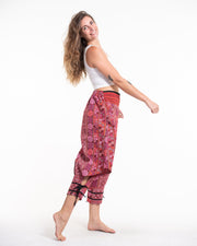 Clovers Thai Hill Tribe Fabric Women's Harem Pants with Ankle Straps in Pink Red