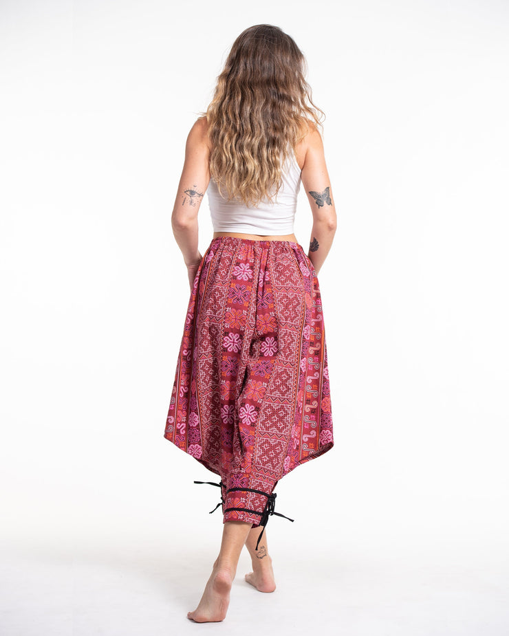 Clovers Thai Hill Tribe Fabric Women's Harem Pants with Ankle Straps in Pink Red