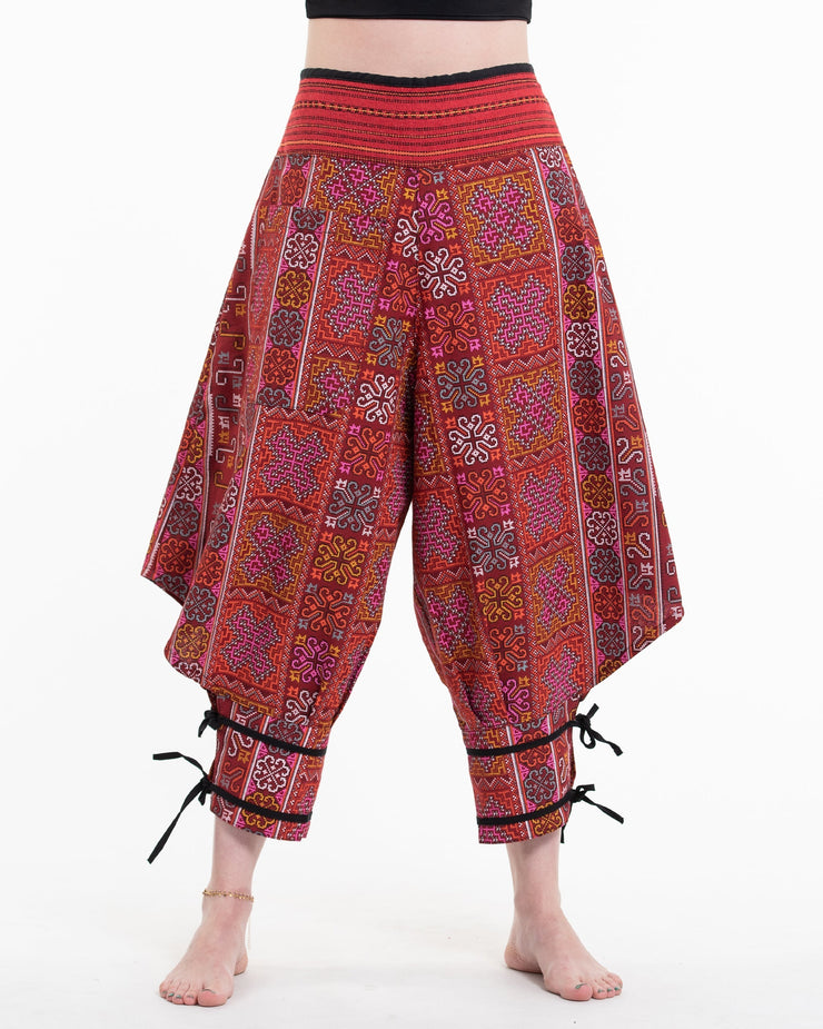 Clovers Thai Hill Tribe Fabric Women's Harem Pants with Ankle Straps in Red