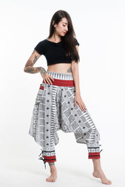 Traditional Prints Thai Hill Tribe Fabric Women's Harem Pants with Ankle Straps in White