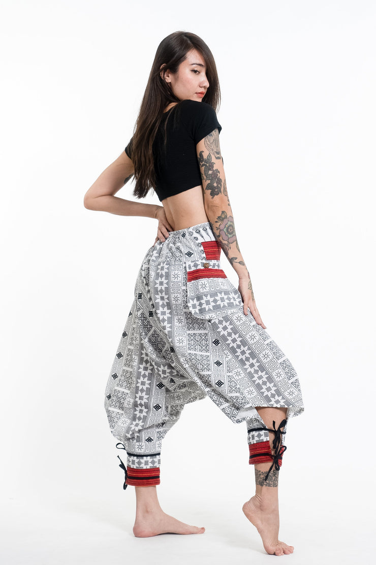 Traditional Prints Thai Hill Tribe Fabric Women's Harem Pants with Ankle Straps in White