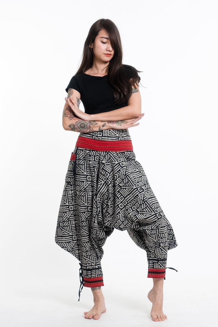 Woven Prints Thai Hill Tribe Fabric Women's Harem Pants with Ankle Straps in Black