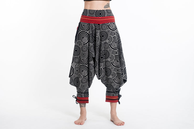 Swirls Prints Thai Hill Tribe Fabric Women's Harem Pants with Ankle Straps in Black