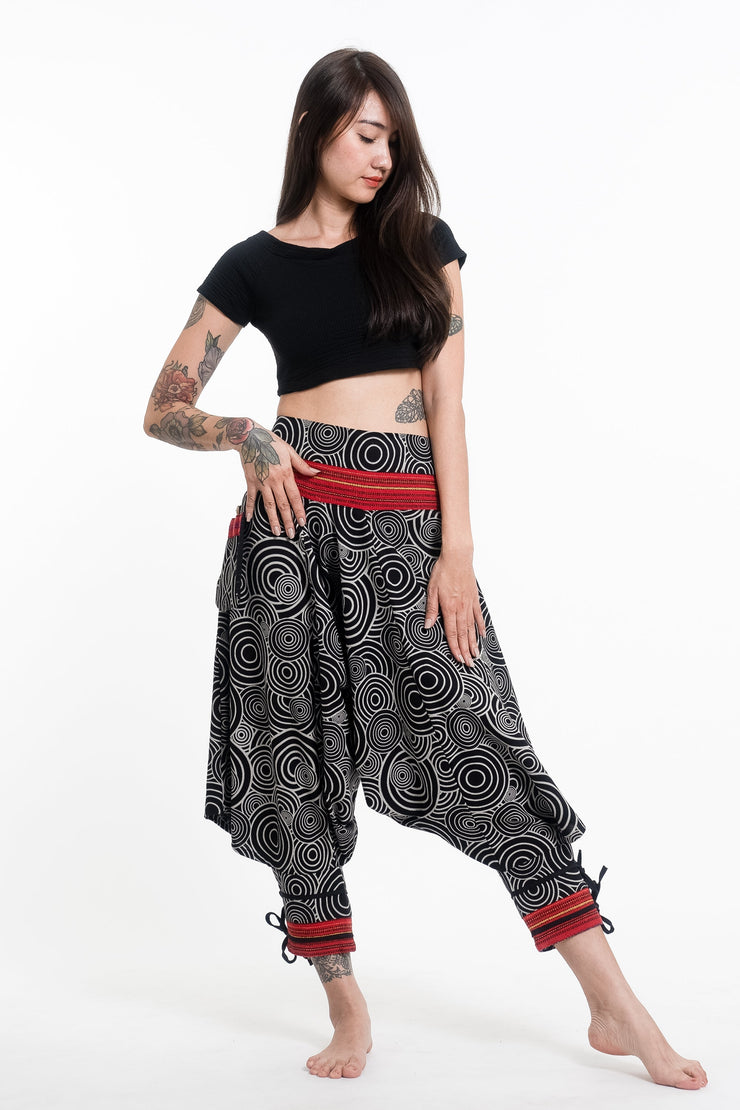 Swirls Prints Thai Hill Tribe Fabric Women's Harem Pants with Ankle Straps in Black