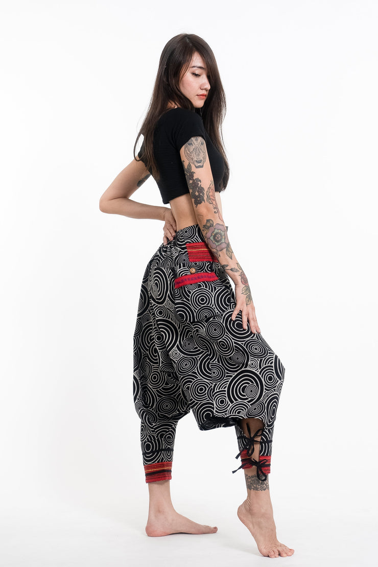 Swirls Prints Thai Hill Tribe Fabric Women's Harem Pants with Ankle Straps in Black