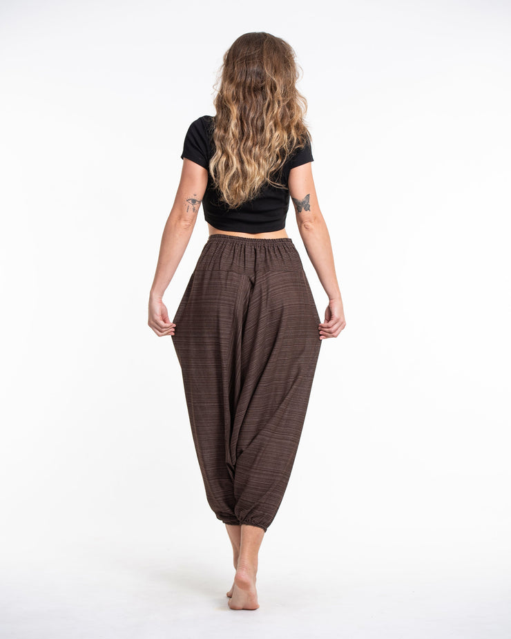 Pinstripe Cotton Low Cut Women's Harem Pants With Hill Tribe Trim Brown