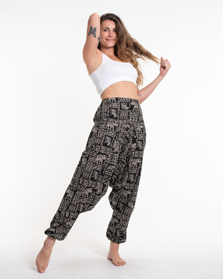 Hill Tribe Elephant Print Women's Harem Pants in Black