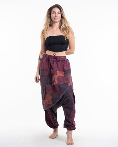 Women's Patchwork Stone Washed Low Cut Cotton Pants in Maroon 02