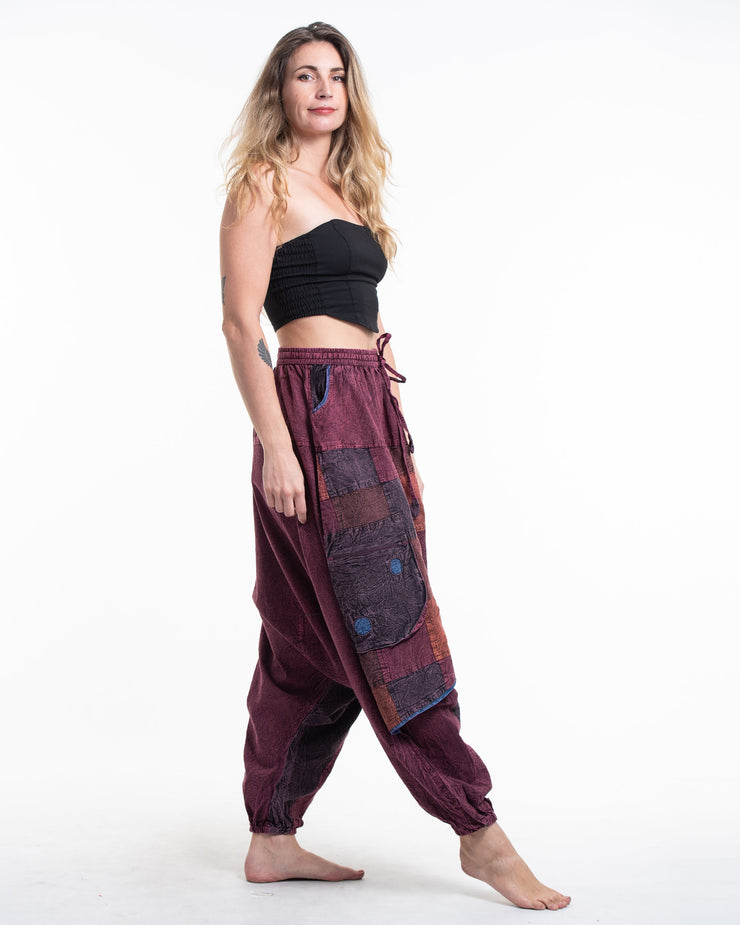 Women's Patchwork Stone Washed Low Cut Cotton Pants in Maroon 02