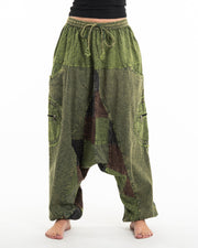 Women's Patchwork Stone Washed Low Cut Cotton Pants in Green 03